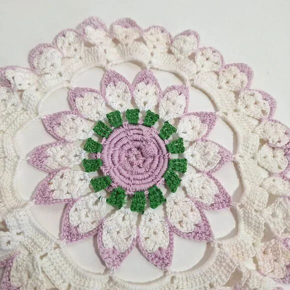 Hand Crocheted Lace Doily Flower Lavender White Green Purple Cotton 10 Inch - Picture 11 of 14